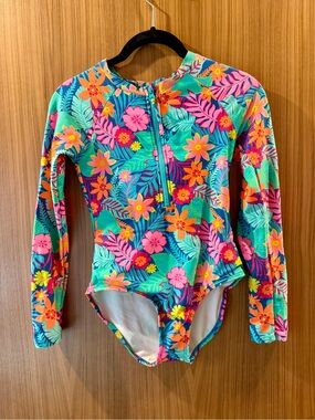 Cat & Jack Girls Long Sleeve Swimsuit * Size L 10/12 * Tropical Floral * Zip